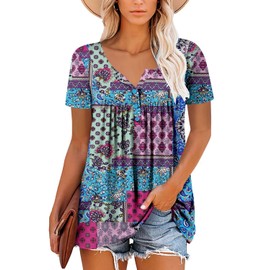 ROSELINLIN Boho Tops for Women Floral Short Sleeve Loose Fit Tunic Tops for Ladies Trendy Blue Blocks M