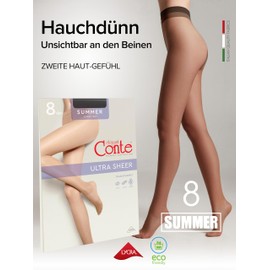 Conte elegant Sheer Women's Tights Transparent – Summer 8 Denier – Reinforced Fine Tights Women's Tights Extremely Elastic, nero