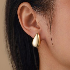 14k Yellow Gold Over 925 Sterling Silver Chunky Teardrop Hoop Earrings Dupes For Women Dangle Water Drop Trendy Earring Jewelry Gifts For Her