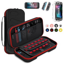 Yoyotager 【2025新登場】switch 2 ケース 大容量 収納バッグ スイッチ2 ケース EVA素材 外出 旅行用に最適 防水 防塵 耐衝撃 24枚ゲームカード収納 アダプタ ケーブルなど周辺アクセサリー整理 持ち運び便利 PCカバー/強化ガラスフィルム/スティックカバー*4 付き ブラック/レッドファスナー