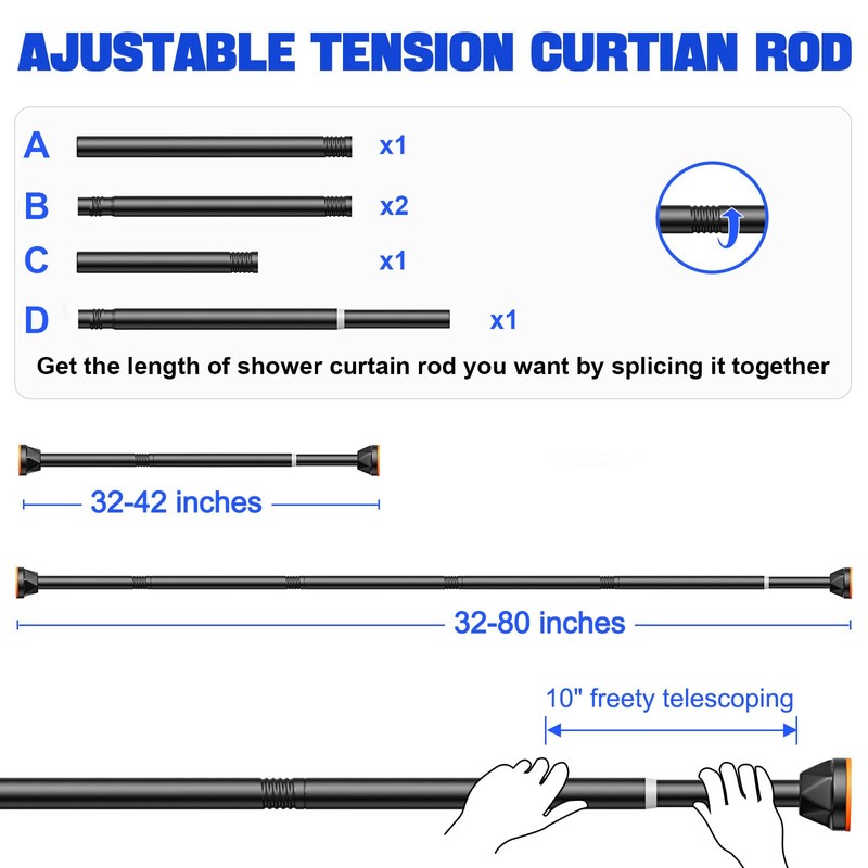 TITGIPE Black Shower Curtain Rod 32-80 Inches, No Drilling Tension