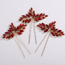 Missgrace Women Silver Red Green Simple Rhinestones Hair Pins Headpiece Bride Wedding Prom Party Hair Accessories for Women Set of 3 (Red)