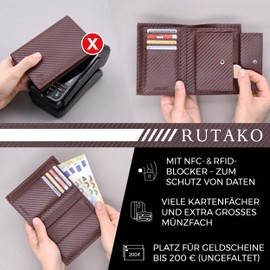 RUTAKO Men's Leather Wallet with RFID Protection, Large Wallet with Coin Compartment, 12 Compartments, Genuine Leather Wallet for Men, Wallet, Carbon brown, Portrait