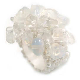 Avalaya Opaque/Transparent/White Glass Bead and Semi Precious Stone Cluster Band Style Flex Ring/Size L