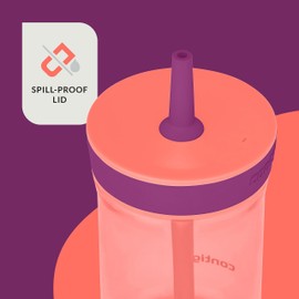 Contigo Leighton - Botella de agua de plástico para niños, 14 onzas, a prueba de derrames, con pajita, apta para lavaplatos, coral/uva