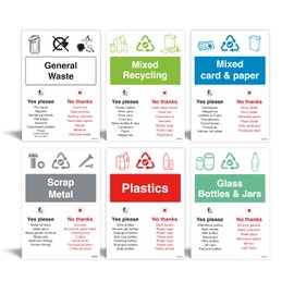 Bundle of 6 WRAP Recycling Bin Signs - premium LAMINATED Waterproof Indoor/Outdoor Vinyl Stickers - Wheelie Bin and Waste Containers Signs - Recycling Signs with symbols