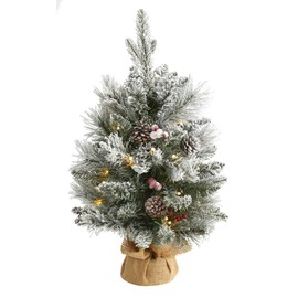 Nearly Natural 2ft. Flocked Artificial Christmas Tree with 30 Clear Lights, 73 Bendable Branches, Pine Cones and Berries