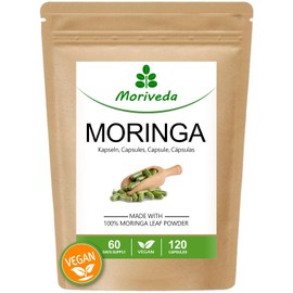 Moringa Capsules 1200 mg - 60 Days Supply - Vegan - No Chemical Additives - Lactose, Fructose, Gluten Free - Over 90 Nutrients, Proteins, Vitamins, etc. - 120 Caps of MoriVeda