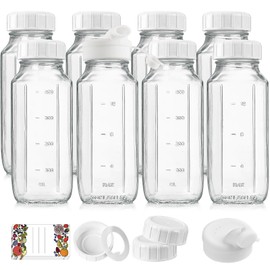 8 Pack 16 Oz Reusable Glass Milk Bottles w 100% Airtight Heavy Duty SCREW Lid & 2 Pour Spouts - Glass Juice Bottles w Capacity Mark - Beverage Drinking Jar Juice Container Breast Milk(Extra 2 Lids)