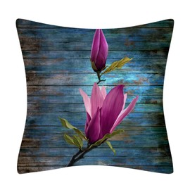 Fullfun Floral Teal Cushion Covers, Single Sided Navy Farmhouse Vintage Flower Throw Pillow Covers, Premium Linen Square Decorative Pillowcase for Sofa Living Room Bedroom 45 cm x 45 cm (18 x 18 in)