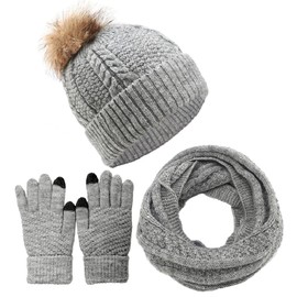 CheChury Hat Gloves Scarf Set for Women Winter Warm Knitted Pompom Beanie Hat Soft Thermal Scarf and Slouchy Touchable Gloves Set Autumn Winter Warm Solid Color Scarf Hat Glove Sets