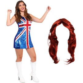 Ladies Sequin Union Jack Dress and Ginger Wig - Small - Red White and Blue Union Jack Flag Sequin Dress Long Ginger Wig - 1990s Brit Pop VE Day Jubilee Fancy Dress