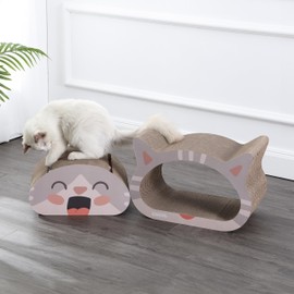 THE LICKER STORE CSR1000A Opal 19" Modern Cardboard Happy Cat Head 2-in-1 Cat Cave Scratcher with Built-in Bell Toys and Catnip, Muted Pink/Cream