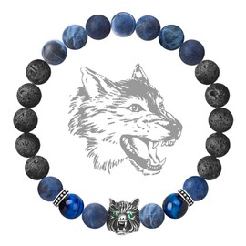 Karseer Viking Wolf Spirit Bracelet with Blue Sodalite and Black Lava Rock Beads, Natural Stone Chakra Jewelry for Emotional Support and Essential Oil Diffusion, Unisex Gift