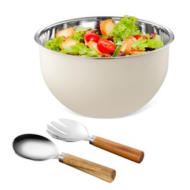 FAB4HOME Salad Bowl and Server Set Stainless Steel Salad Mixing Bowl with Salad Spoon & Fork Large Metal Kitchen Bowl for Food Preparing and Serving, 26cm, Dishwasher Safe (Cream)