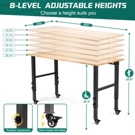 OLBRUS 48 "Adjustable Wheels Workbench, Heavy Duty 2000 LBS Load Capacity Hardwood Workbench Suitable for Workshop, Office, Garage, Home (Metal Wheels丨No Power Outlets 48"x24")
