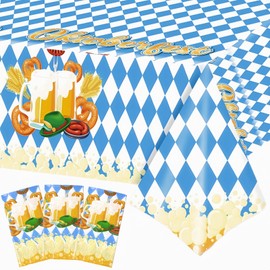 YVAINE 3 Pack Oktoberfest Decorations Tablecloths,Bavarian Oktoberfest Blue White Table Cover Rectangle Plastic Bavarian Flag Table Cover for German Beer Festival Party Supplies,108 X 54 Inches