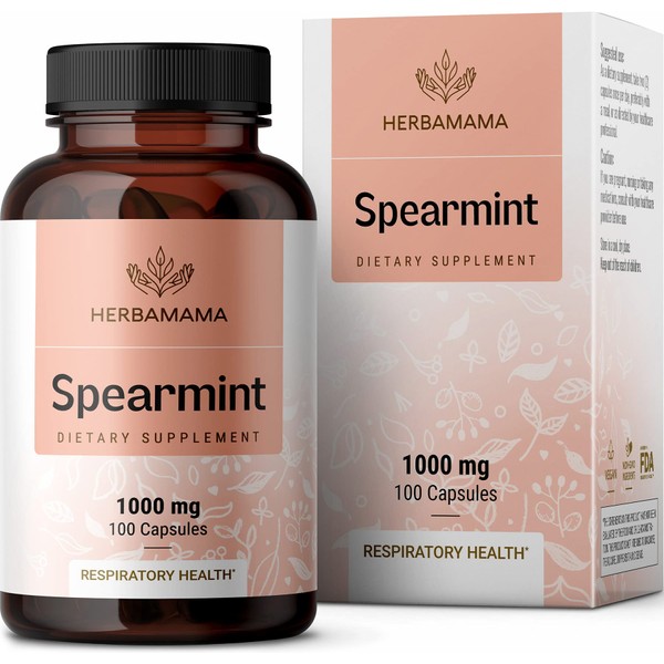 Spearmint 100 Capsules - 1000 mg - Organic Mentha Spicata Dietary Daily Supplement - Natural Support for Digestive & Respiratory Function - for Stress Relief - Vegan, Non-GMO