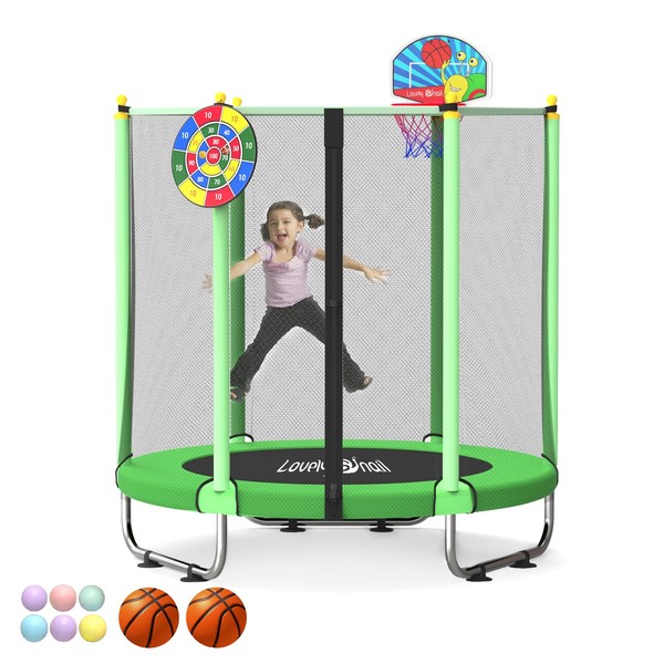 Lovely Snail 5 FT Trampoline for Kids with Safety Enclosure Net - 60" Trampoline Mini Toddler Trampoline for Indoor & Outdoor with Basketball Hoop, Dart Board for Family Entertainment, Age 3-10, Green