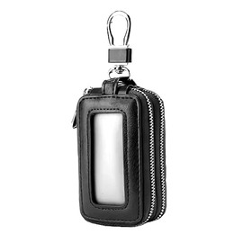 THREE RABBITS Smart Key Case, Men's, Women's, Unisex, Window, Smart Key, Zipper, Two-Tone, Leather, Bi-Color, Stylish, Key Case, Cute, Keyless, Carabiner Included, Keyring, Gentleman, Compact, Black