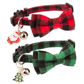 ADOGGYGO Christmas Cat Collars Breakaway with Cute Bow Bell - 2 Pack Red Green Plaid Kitten Collar with Removable Bowtie Christmas Collar for Cats Kittens