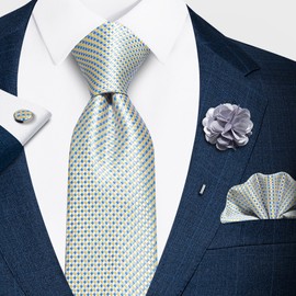 Ties Set Men Mixed Color Necktie Handkerchief Cufflinks Brooch 3.15 Formal (White Blue)