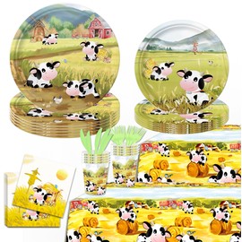 142Pcs Cow Party Supplies Include Disposable Paper Plates-Cups-Paper Napkins-Forks-Knives-Tablecloth for Cow Birthday Party Decorations Serves 20 Guests