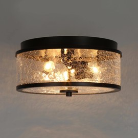 ZEVNI Flush Mount Ceiling Light, 3-Light Black Farmhouse Light Fixtures with Crackled Glass Shade for Bedroom, Hallway, Foyer, Kitchen, Dining Room, 12" Dia