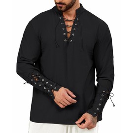 Heyigrow Mens Shirts Pirate Costume, Long Sleeve Tops Viking Cosplay Renaissance Medieval T-Shirts Gothic Cotton Outfits Side Slit(Black,S)