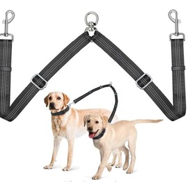 Double Dog Leash, Two Dog Leash Splitter, Adjustable Length, Tangle Free, Heavy Duty Walking Training Dual Leash for Medium and Large Dogs, Black