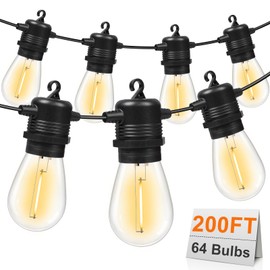 GvvooHome 200FT(50FT*4) LED Outdoor String Lights Waterproof Patio Lights with 64 Shatterproof S14 Edison Bulbs(4 Spare), Dimmable Hanging Outdoor Lights Connectable for Yard, Porch, 2700K Warm White