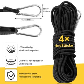 Tension Elastic Strap with Carabiner 4 m x 8 mm Pack of 4 Expander with Carabiner Hook Expander Rope with Hook for Versatile Outdoor Applications Camping Garden Awning Tarps Car Bicycle Cargo
