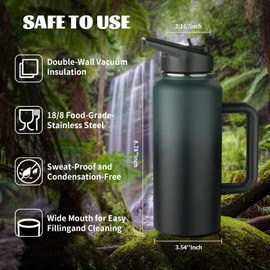 32oz Insulated Water Bottle with Handle, Stainless Steel Sports Metal Water Flask with Straw & 2 Leak Proof Lids, Double Walled Vacuum Wide Mouth Water Bottle for Travel,Camping,Gym (Dark Green Black)