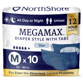 NorthShore MegaMax Adult Overnight Diapers, 12-Hour Tab-Style, Medium, 10 Count Bag, Blue, 32-44 inches, Unisex Incontinence Underwear