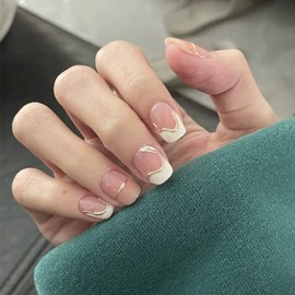 24Pcs French Tip Press On Nails Short Fake Nails, Square Full Cover Acrylic Gel Nails, Reusable False Nail Kit Glue on Nails DIY Stick on Nails for Women with Nail Glue Adhesive Tabs Peach