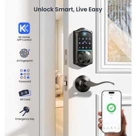 Veise VE017-L Fingerprint Smart Lock with 2 Lever Handles, Keyless Entry Front Door Lock Set, App Control, Electronic Digital Keypad Deadbolt, Easy Installation, Emergency Power Port, Matte Black