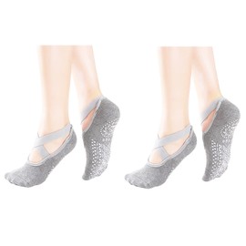 Meiyea 2 Pair Yoga Socks for Women Non-Slip Grips & Straps, Ideal for Pilates, Pure Barre, Ballet, Dance, Barefoot Workout -Grey