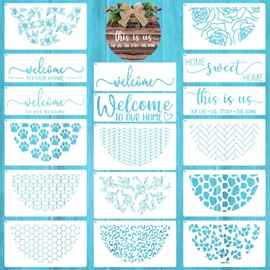 Ktxaby 17 Pcs Welcome Stencils for Painting on Wood,Family Doormat Reusable Welcome Letters Templates for Wood Sign,Half Round Plastic Stencils Set for Home Decor Door Mats Sign Wall DIY Crafts