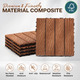 IDZO Wood Plastic Composite Deck Tiles Set of 10, Sustainable FSC Composite Decking Resist Rust, Water, Weather, Easy to DIY & Maintain, Ideal for Patios, Balconies, Rooftops, Decks - Red Brown