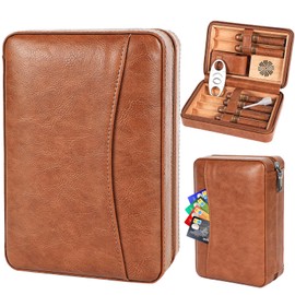 Holds 6 -Cigar Portable Brown Leather Cigar Case with Spanish Cedar Wood Interior and Card Storage Travel Cigar Humidor with Cutter ，Humidifier， Perfect for Business Trips Birthday Gifts Father's Day