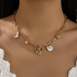 ALRNBY Charm Necklace for Women Chunky Gold Paperclip Chain Choker Heart Necklace Stackable Seashell Starfish Pendant Trendy Hypoallergenic Jewelry Gift