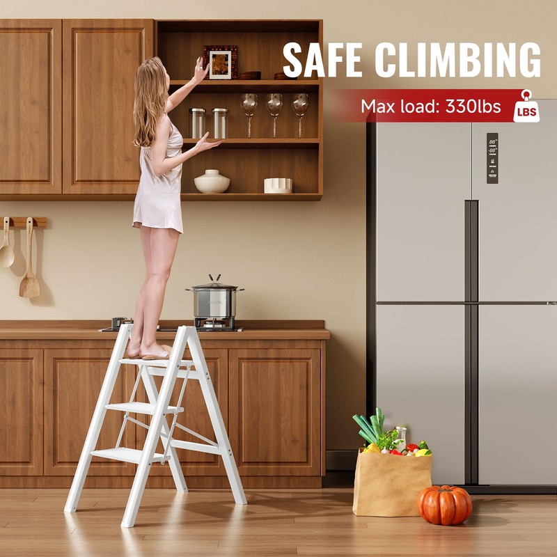 GameGem 3 Step Ladder, Aluminum Folding Step Stool with Anti-Slip
