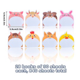 Pack of 28 Cartoon Animals Sticky Notes, Small Sticky Notes, Children's Sticky Notes, Cute Mini Post It Funny Sticky Notes Animal Shaped Sticky Note Pad for Party Bags, Children's Birthday, Office