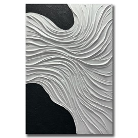 Boiee Art,30x45Inch Hand Painted Textured White Ocean Wave Art on Canvas Abstract Minimalist Oil Painting Vertical Modern Black Artwork Stretched and Framed Ready to Hang