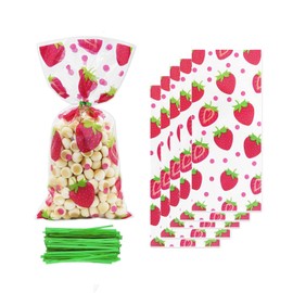 UY 50Pieces Strawberries Cellophane Bags Strawberry Goodie Bags Plastic Clear Goody Candy Gift Treat Bags Snack Bags for Kids Boys Girls Baby Shower Birthday Party Decoration Supplies