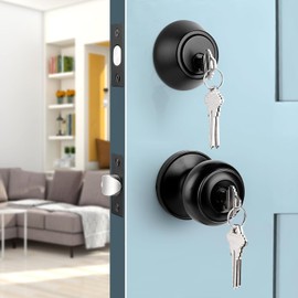 Probrico Black Door Knob and Single Cylinder Deadbolt with Same Key, Keyed Alike Entry Door Locksets with Knob and Deadbolt for Front Door, 3 Pack
