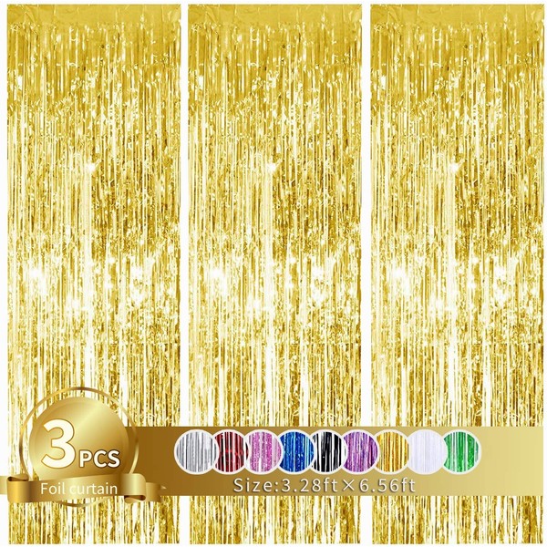 TONIFUL 3Pcs Gold Metallic Tinsel Foil Fringe Curtains,3.28ft x 6.56ft Gold Photo Booth Backdrop Streamer,Photo Booth Props,for Party Door Wall Curtains Bachelorette Birthday, Christmas,New Year Decor