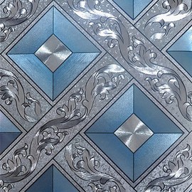 QIHANG Silver Foil Mosaic Square Lattice Background Flicker Wallpaper Gold Leaf Wallpaper Modern Roll/Hotel Ceiling/Decorative Wallpaper Roll Silver&Blue Color 1.73' W x 32.8' L=57 sq.ft