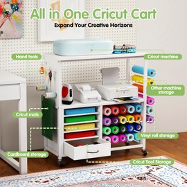 MASHELLY Craft Storage Cart, Compatible with Cricut Cutting Machines, Features a Vinyl Roll Holder and Drawers,A Mobile Storage Table for Crafting Tools and Accessories, Suitable for Studios, Offices