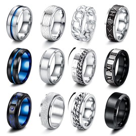 JeryWe 12 Pcs Stainless Steel Rings for Men Women Fidget Rings for Anxiety Cool Spinner Rings Black Band Spinner Rings Set Size 8